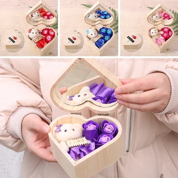 

Mother's Day Gift Box Heart Shaped Wooden Box With Mirror Creative Simulated Rose Soap Flower Bear Gift Box
