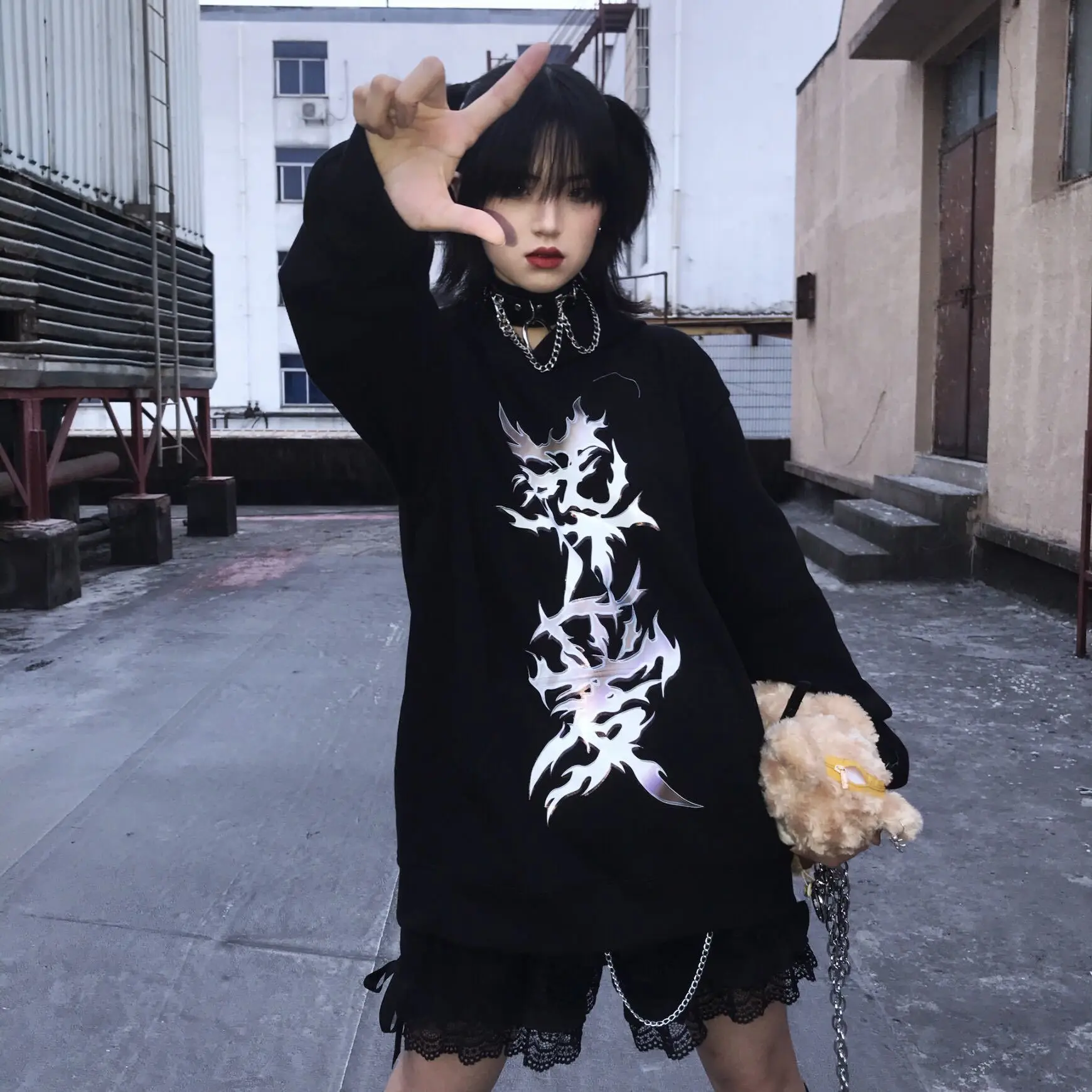 Harajuku Kill Love Печать Женская толстовка с длинным рукавом Готический Повседневный флис Осень