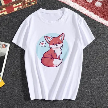 

LUSLOS Fashion Women T Shirt Cute Kawaii Fox Printed Female Tshirt White Tee Tops Streetwear Homme Harajuku T-shirts camisas