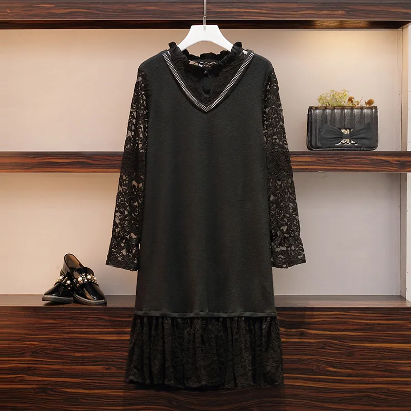 

L-4XL Plus Size 2019 Autumn Women Lace Patchwork Long Sleeves Loose Dress Female Oversize Dresses N382