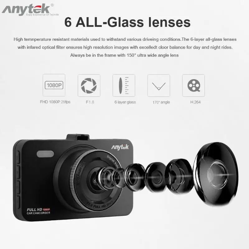 Anytek A78 Dash Cam Full HD 1080P Dashcam Автомобильный видеорегистратор Камера ночного видения " ips Автомобильная камера рекордер g-сенсор монитор для парковки