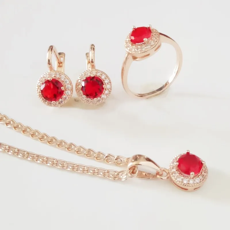 

2019 Bridal Jewelry Sets 585 Rose Gold Color Jewelry Set Round New Fashion Necklace + Earring +Ring Jewelry Sets for Women