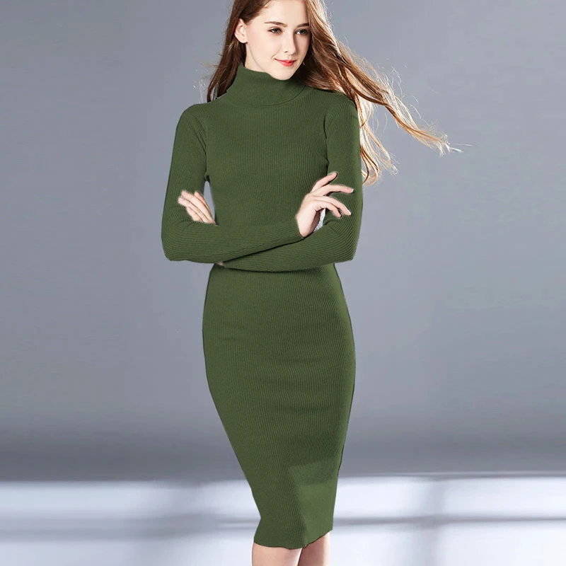 New Autumn Winter Green Elegant Warm Turtleneck Knitted Dresses Women Long Sleeve Office Sweater Dress