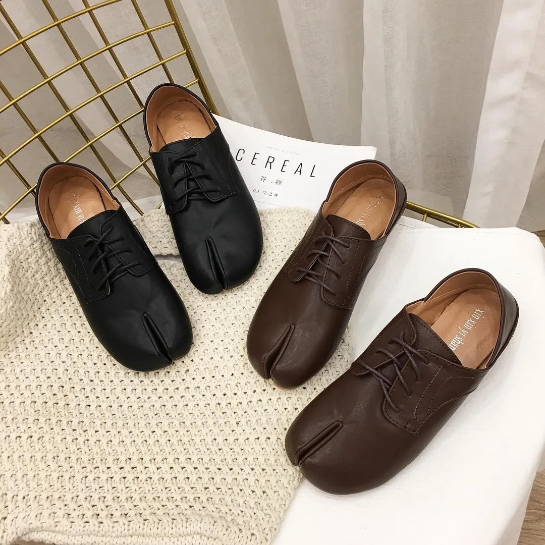 

Double Purpose Slip-on Retro Lace-up Single Shoes Women's Versatile British Style Toe Trotter Shoes Flat Small Leather Shoes 201