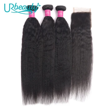 

Peruvian Kinky Straight Hair Bundles With 4*4 Closure 3/4 Bundles With Closure Non-Remy Yaki Human Hair Weaves Rajout Cheveux