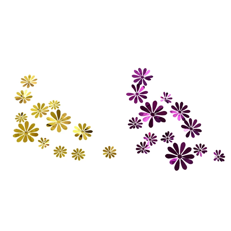 

24 Pcs New 3D Mirror Flower Wall Stickers Party Wedding Decor for Home Decorations Sticker on the Wall Gold & Purple