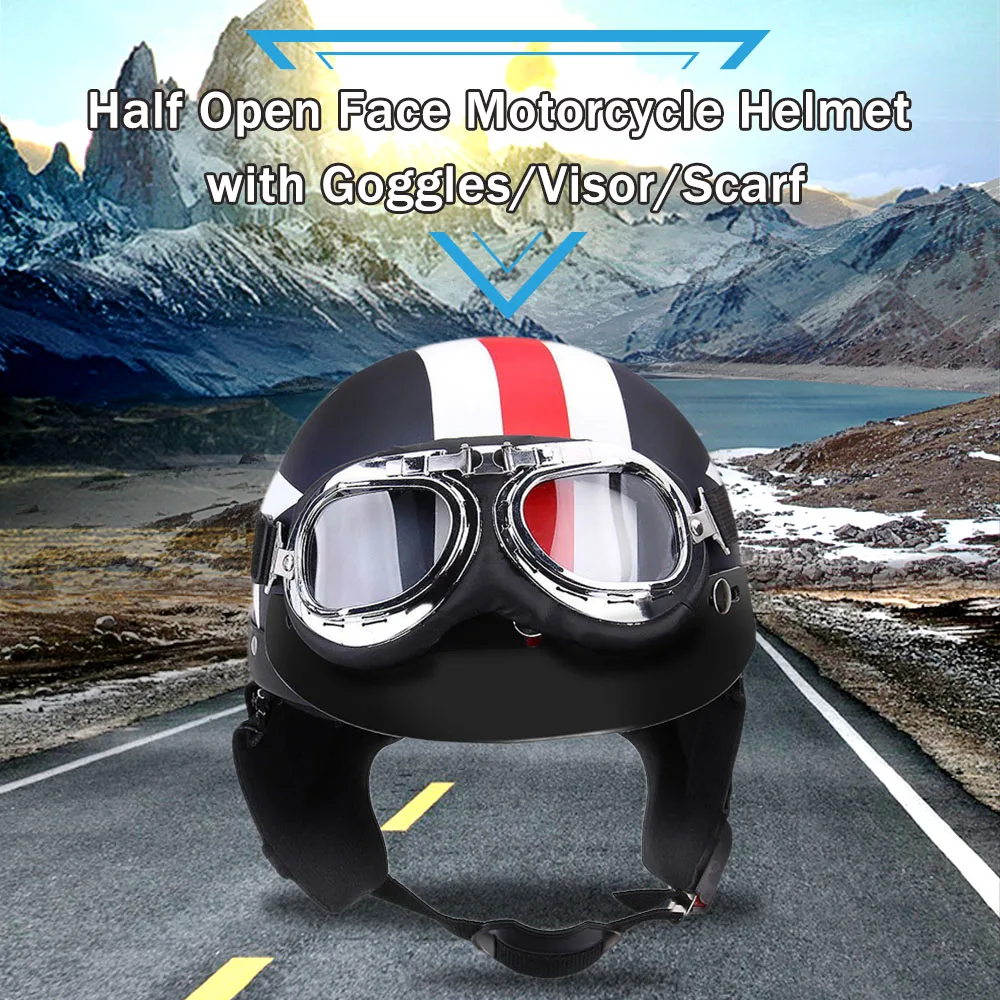 

Half Open Face Motorcycle Helmet with Goggles Visor Scarf Biker Scooter Touring Helmet