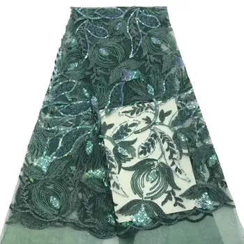

Green Gold Color Nigerian Lace Fabrics 2019 Newest Embroidery Luxury French Tulle Lace With Many Sequins For Wedding Dress