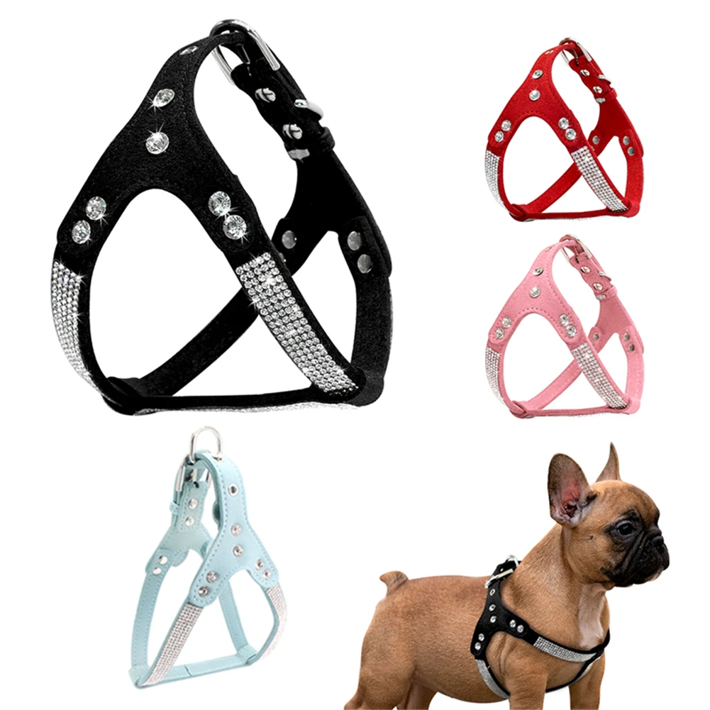 

Pet Rhinestone Puppy Harness Suede Leather Puppy Harness Glittering Crystal Cat Dog Vest Adjustable Pet Collar Pet Supplies