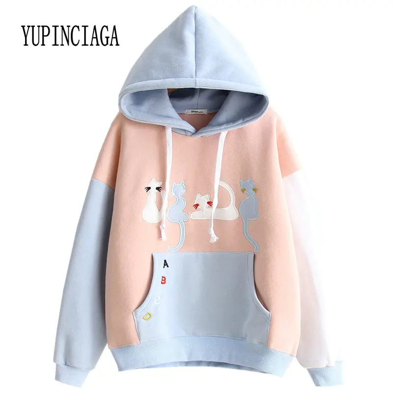 

Women's Cat Embroidery Patchwork Hooded Sweatshirt Cotton Hoodies 2020 Spring New Harajuku Long Sleeve Casual Loose Pullovers