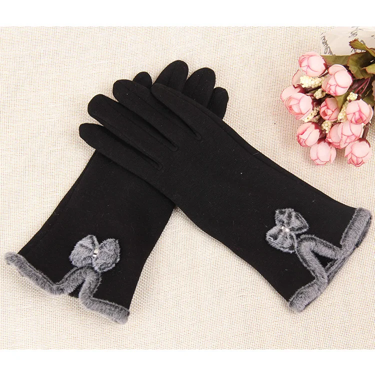 Новинка, модные женские перчатки с милым бантом, шерстяные перчатки, теплые перчатки, зимние женские перчатки, полный палец, элегантное платье