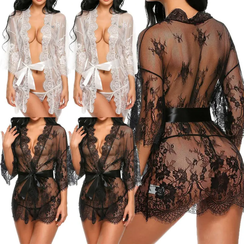 Sexy Women Lingerie Lace Night Dress Sleepwear Nightgown Bandage Deep V G-String See Through Sexy Sheer Sleep Dress Silky