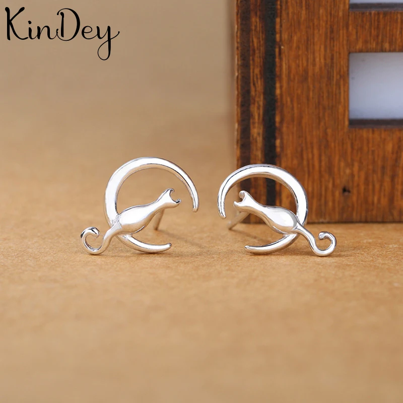Женские свадебные серьги Kindey серебряные с Луной и кошкой эффектные ювелирные