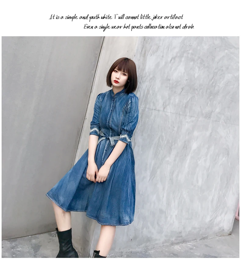 Vintage Spring Autumn Denim Dress Women half sleeve belted A-line Pleated embroidery casual dress