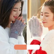 Полный палец зимние вязаные плюшевые перчатки женские наручные замок теплые уличные теплые плюс бархат толстый сенсорный экран любовь перчатки для бега