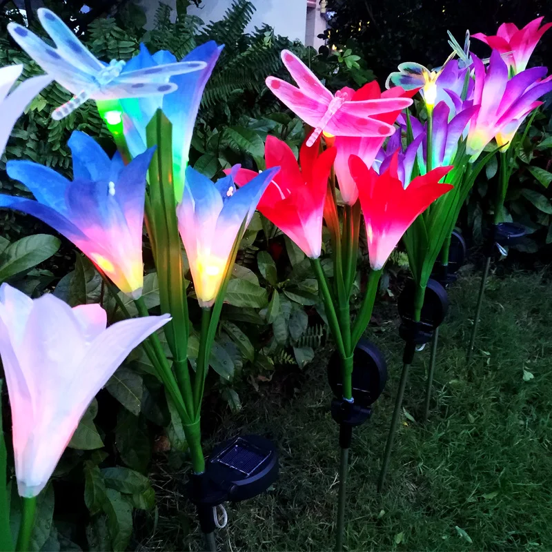 LED Solar Three-Head Lily Butterfly Dragonfly Lamp Lily Lantern Outdoor Villa Garden Lawn Lamp solar lights solar light outdoors