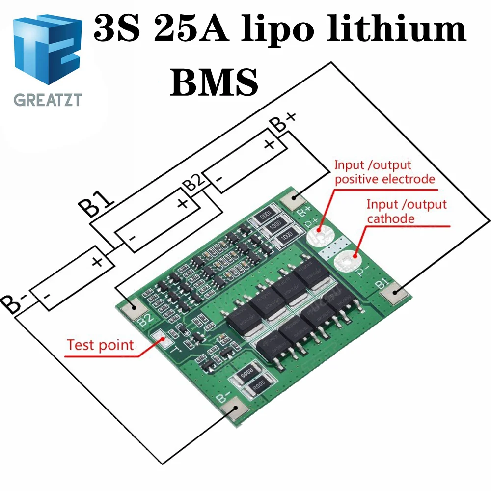Защитная плата GREATZT 3S 25A Li Ion 18650 BMS PCM с балансиром для литий ионной полимерной