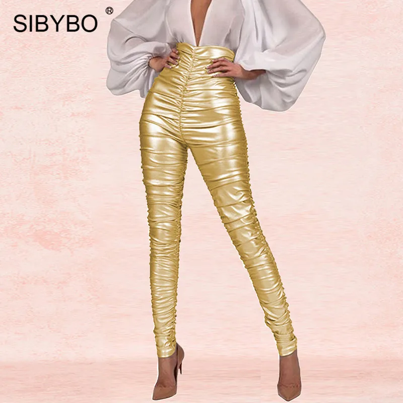 Золотой SIBYBO, плиссированные осенние женские штаны с высокой талией, модные обтягивающие сексуальные брюки-карандаш, однотонные Зимние Повседневные Брюки Для Женщин - Цвет: Золотой