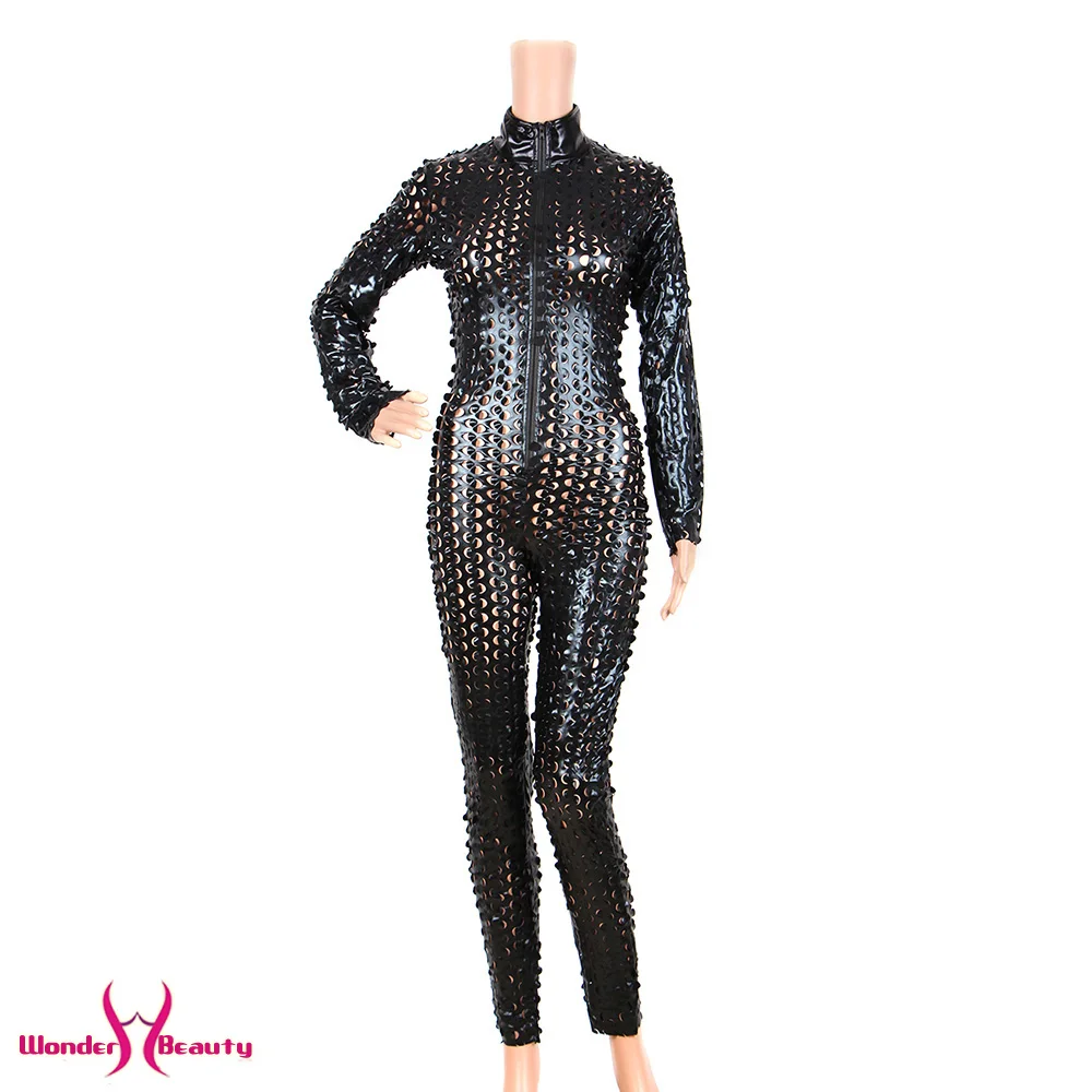 Faux Leather Catsuit Catwomen Shiny Black Gold Silver Metallic Leather Jumpsuit Wetlook PU Leotard Bodysuit Bar Night Clubwear (39)