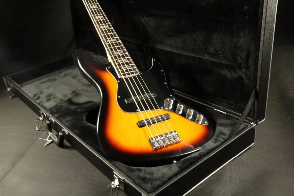 Free Shipping 5 Strings Jazz Electric Bass Guitar Sunburst Color Rosewood Fingboard Active Pickups