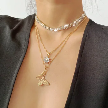 

2020 Gold Filled Iced Out Bling Hip Hop Women Jewelry Cz Tennis Necklace Butterfly Choker New Sunflower Chain Necklace for Women
