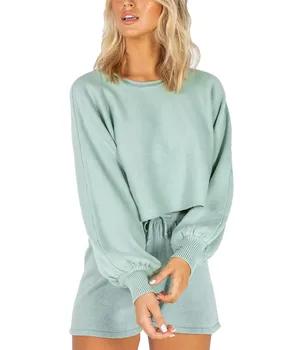 

Women Long sleeve shorts suit Autumn Loose Casual Home Sport Solid Top and shorts Sets