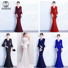 Skyyue однотонная одежда с длинными рукавами элегантное вечернее платье для выпускного вечера; Robe De Soiree сексуальное нижнее белье с глубоким v-образным вырезом на молнии Для женщин вечерние платья C256-DS1