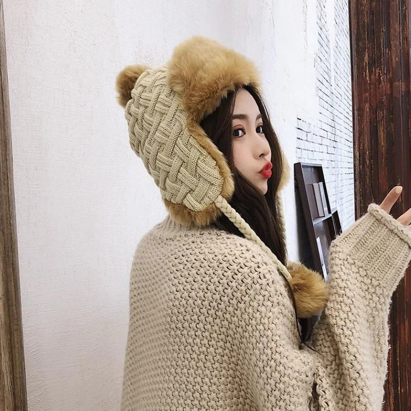 

H7497 Winter Wool Bomber Hat Female Korean Warm Thicker Ear Protection Cap Women Pompom Fashion Windproof Casual Knitted Hats