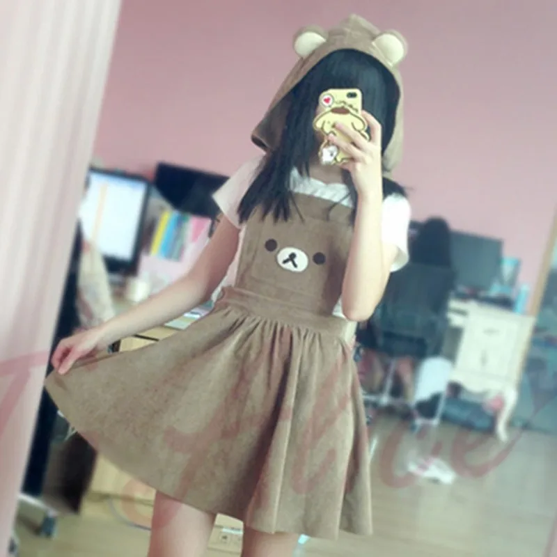 Kawaii Rilakkuma Lolita Overall Dress Cute Bear Embroidery Hood Ball Gown Japanese Harajuku Sweet Women Teenage Girls Jumpskirt