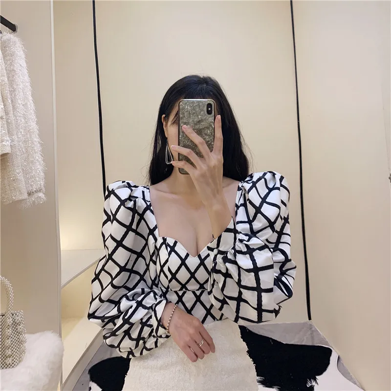WHITNEY WANG, блузки,, Весенняя мода, уличная одежда, Ретро стиль, квадратный воротник, с пышными рукавами, Клетчатая блузка, для женщин, Blusas, женская рубашка, Топ