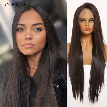 

LOUIS FERRE Long Black Dark Brown Straight Lace Front Wig Women Free Part Cosplay Daily Synthetic Lace Wig 13*4 High Temperature