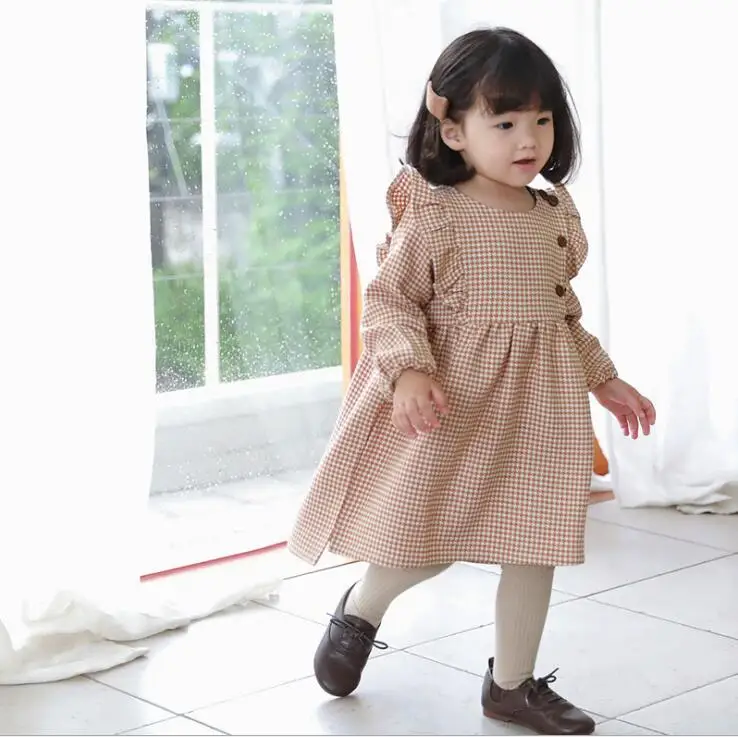 Платье в клетку в Корейском стиле для девочек модные осенние хлопковые платья для девочек 1-6 лет, PZ786