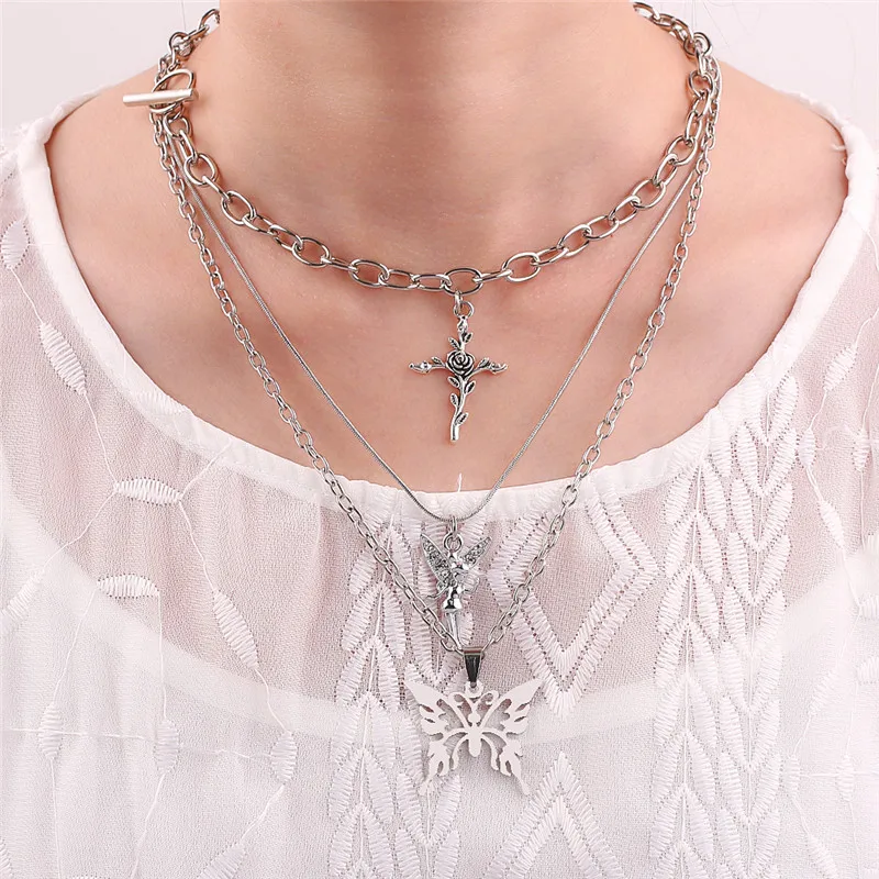 3pcs/set Butterfly Rose Angel Cross Pendant Necklace Multilayer Women Choker Long Chain Necklaces Harajuku Punk Jewelry