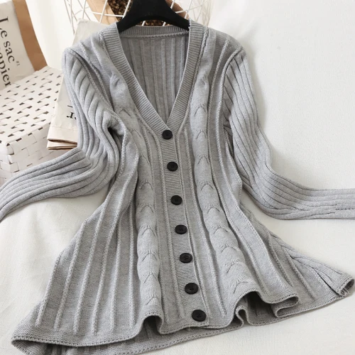 light gray Neploe, женские свитера, зимние, элегантные, однобортные, v-образный вырез, кардиганы, одноцветные, свободные, длинный рукав, тонкая талия, женский свитер, 80468 - Цвет: light gray