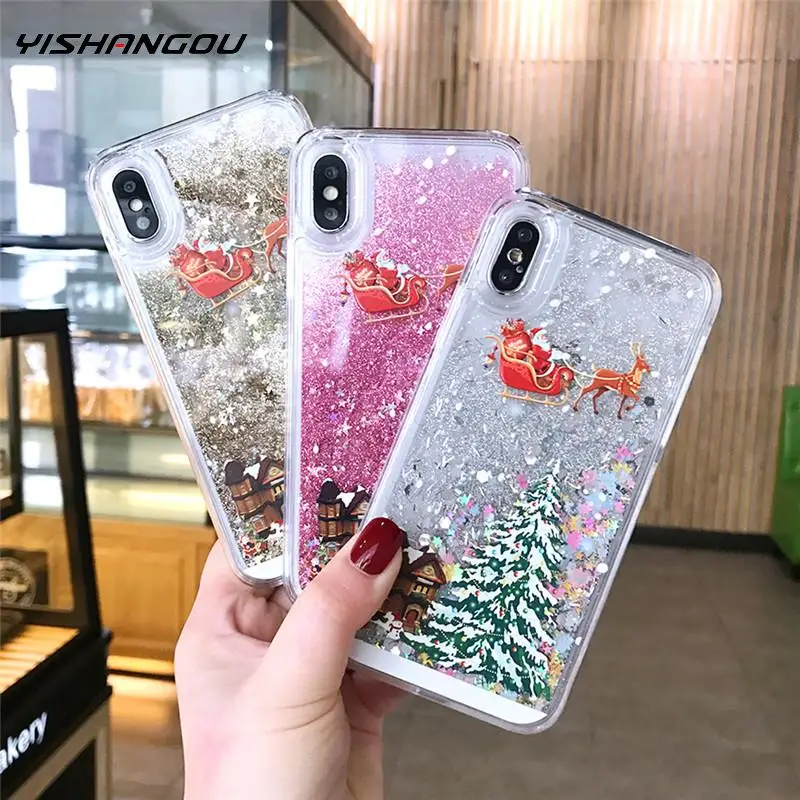 

YISHANGOU Christmas Tree Quicksand Pattern Rigid Case Cover For iPhone Xs X 8 7 Plus 6 SE Cute Fawn Pattern Cover Coque Gifts