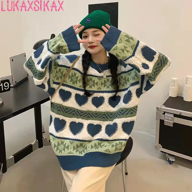 

Новый осенне-зимний женский свободный пуловер LUKAXSIKAX, свитер, шикарный вязаный свитер в стиле ретро с геометрическим рисунком и надписью Love