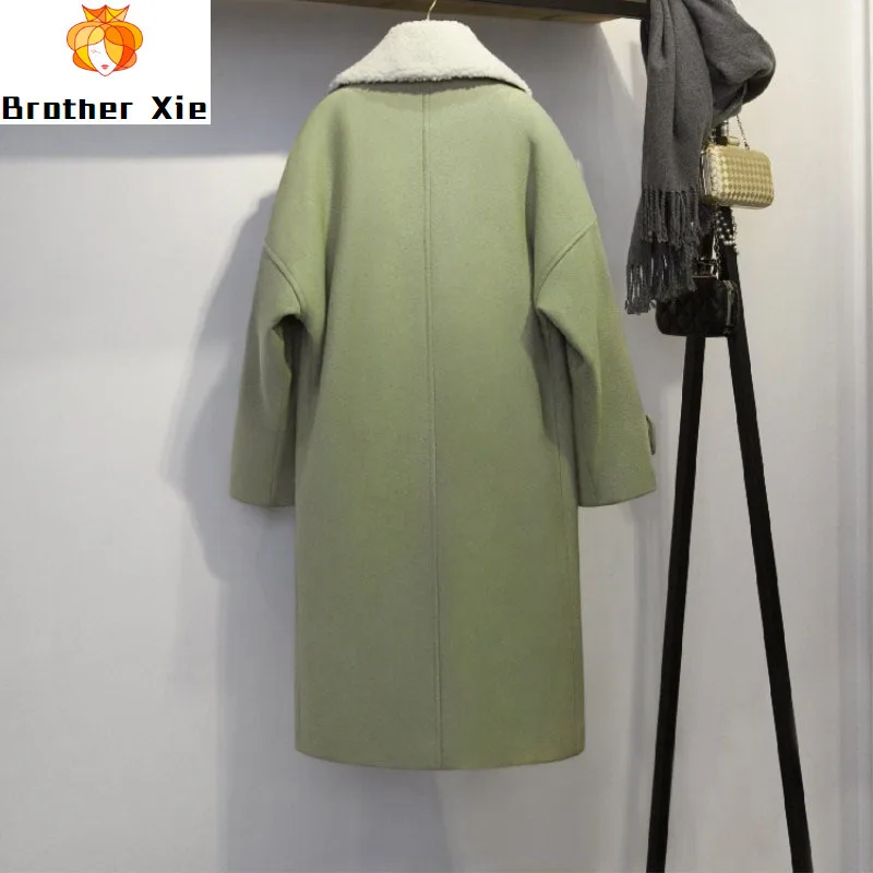 

Spring Winter Coat Women New Lady Double Breasted Turn-down Collar Solid Casual Woolen Overcoat Wide-waisted Long Wool Coat
