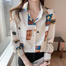 

Fashion Woman Blouses 2021 Vintage Spring Abstract Autumn Pattern Turn-Down Collar Women'S Chiffon Shirt Tops Female Clothing