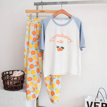 

Spring Summer Autumn New Cotton Pajamas Set Women Short-sleeved Trousers Strawberry Lemon Print Fresh Sweet Ladies Pyjamas Femme