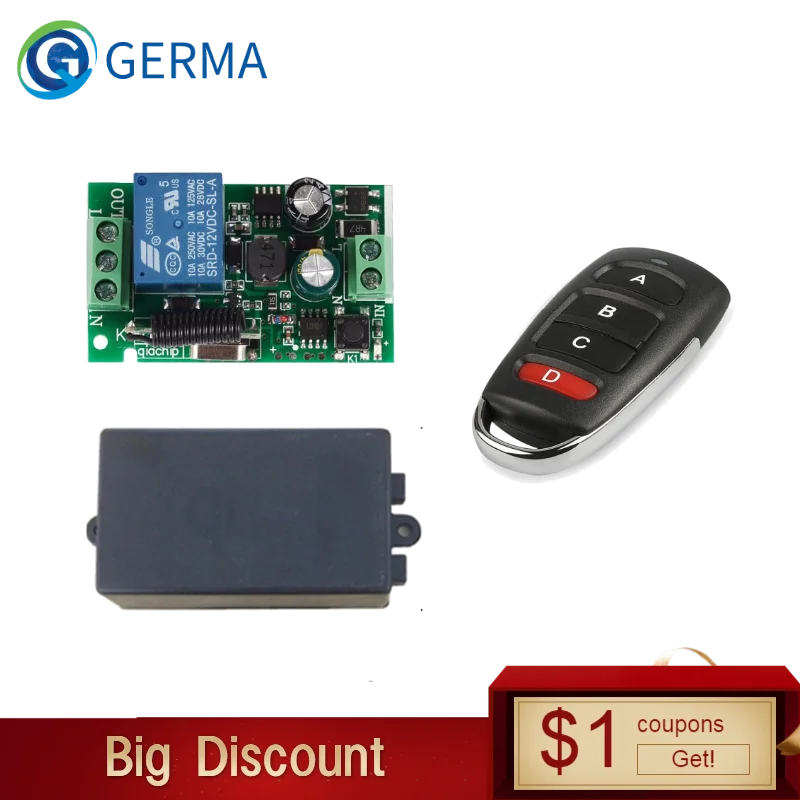 

GERMA Universal 433 MHz AC 220V 1 Channel Remote Control Switch RF Transmitter Garage Learning 1527 or 2262