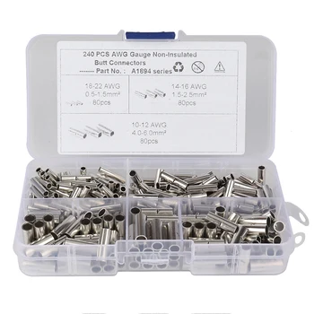 

240Pcs Non-Insulated Butt Connectors 22-18/16-14/12-10 AWG Gauge Uninsulated Electrical Wire Ferrules Cable Crimp Terminal Kit f