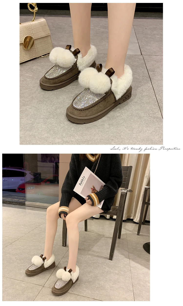 Winter new warm platform women's shoes with fur Rhinestone round head black flat shoes khaki soft brand design shoes q142