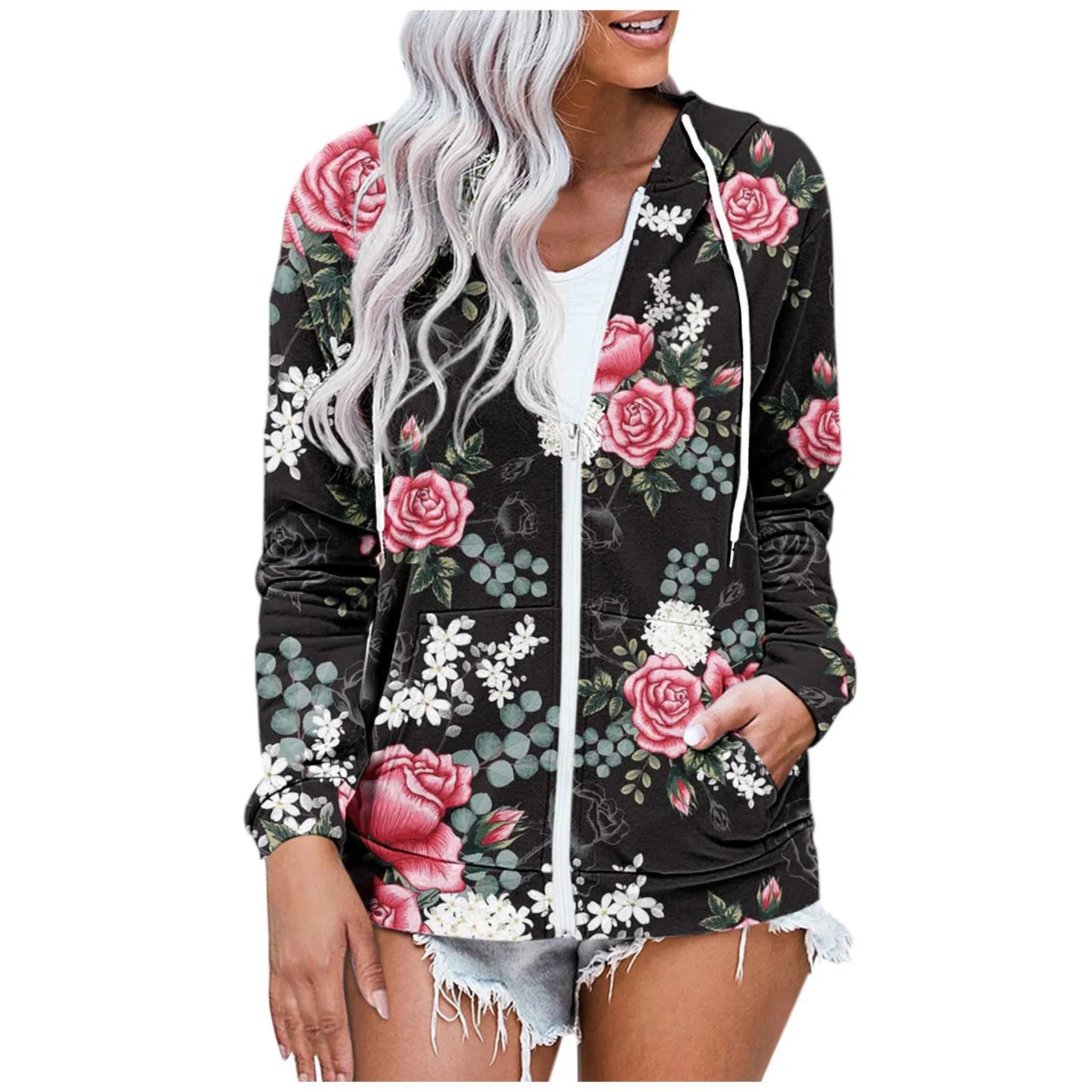 Zip Up Hoodies Women Flower Print Zipper Hooded Jacket Coats Long