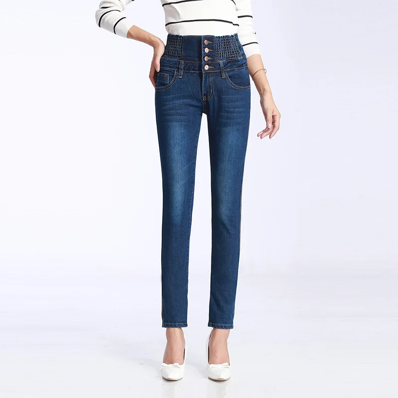 Обтягивающие штаны с высокой талией, женские зимние джинсы с эластичной резинкой на талии, повседневные джинсы больших размеров для женщин, теплые джинсы - Цвет: Blue no Velvet