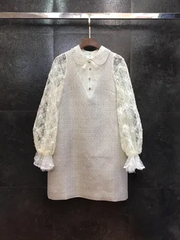 

2020 Early Spring New Model Elegant Simple Long Lace Sleeve Patchwork Women White A-line Dress Free Shipping Worldwide