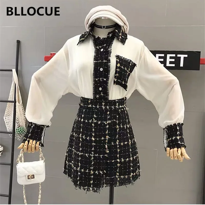 

BLLOCUE New Autumn And Winter Elegant Women 2 Piece Set Tweed Patchwork Chiffon See Through Shirt Top+Lattice Woolen Skirt Suit