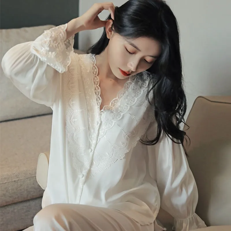 Lace Pj's 2PCS Sleepwear Women Satin Pajamas Suit Summer Pyjamas Casual Intimate Lingerie Long Sleeve Shirt&Pants Lounge Wear