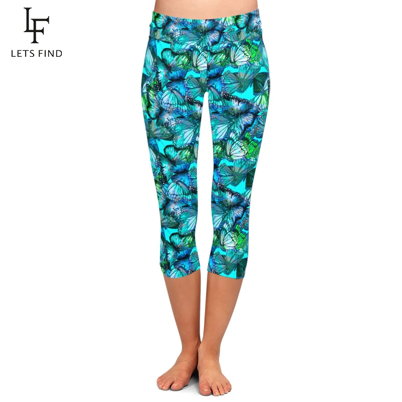 LETSFIND-mallas Capri de alta calidad para mujer, Leggings con estampado de mariposas azules, cintura alta, de talla grande, Fitness, suaves, media pantorrilla, novedad de 2020