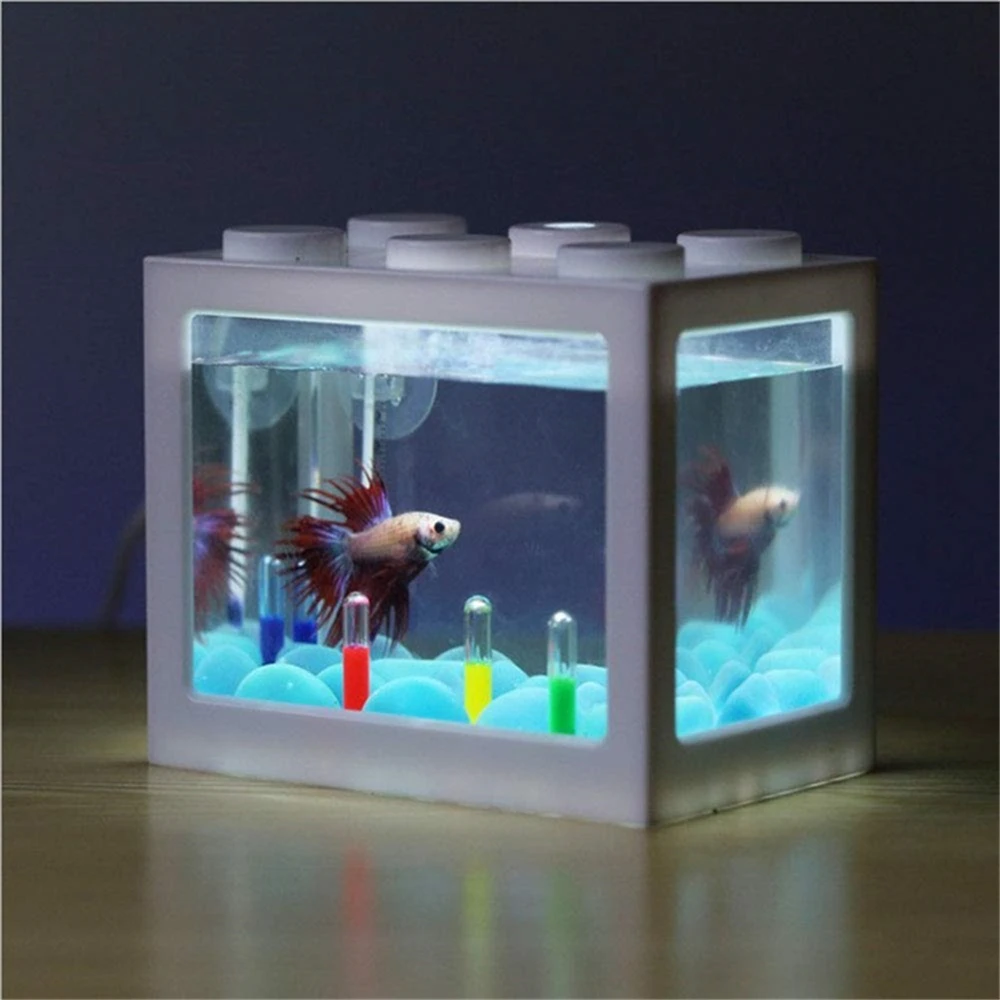 1 Mini Bettas Fish Tank LED Aquarium Mini Fish Bowls Block Reptile Box USB Charger Office Table Decoration Ocean Betta Turtle Box
