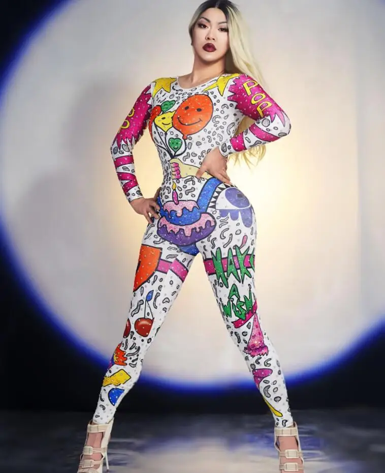 

Dance Stage Costume stage show costume Smile face bodysuit Cartoon Doodle Jumpsuit Outfit Female Singer Performance Party Wear